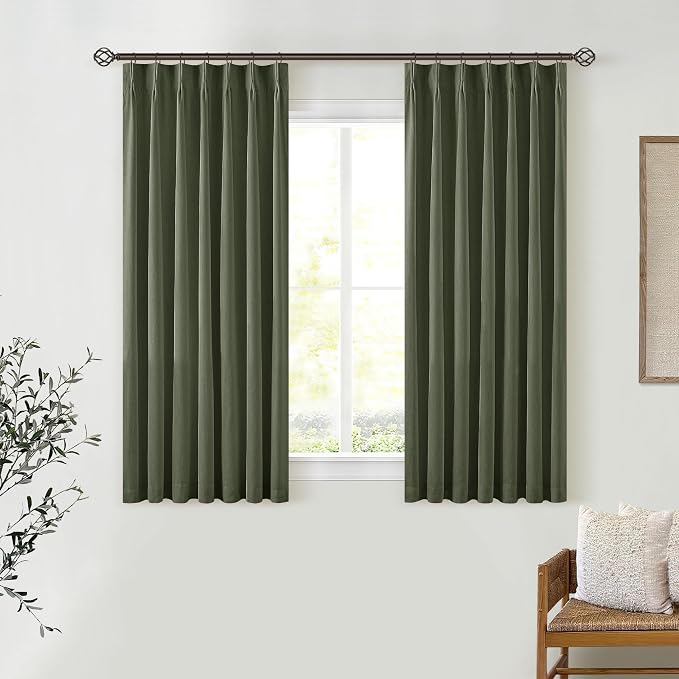 Olive Green Pleated Black Out Linen 45 Inch Curtains with Liner 2 Panels | 100% Blackout, Memory Trained Pinch Pleat, Thermal Insulated, Noise Reduce, Short Curtains 2 Layers for Kitchen Small Window