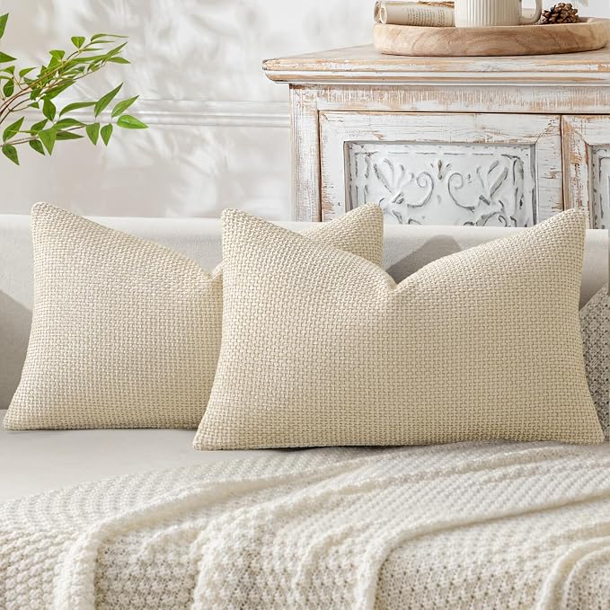 MIULEE Decorative Lumbar Throw Pillow Covers 12x20 in Neutral Cream 2 Pack | Modern Boho Accent, Soft Chenille Pillow Covers, Farmhouse Cushion Cases for Couch Bed Sofa Living Room Home Decor