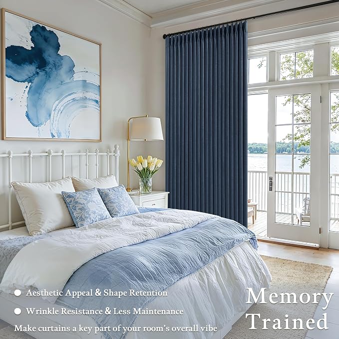 Navy Blue 108 Inch Pinch Pleated Blackout Linen Bedroom Curtains 2 Panels | Memory Trained Drapes with Liner, Soundproof Room Darkening, Pinch Pleat with Hooks Rings, Navy Blue, for Bedroom Dining Room