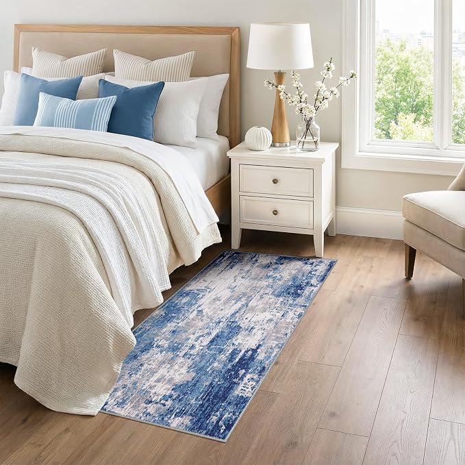 RELEANY Washable Runner 3'x6' Abstract Area Rug for Hallway Blue Gray | Carpet for Kitchen, Entryway, Bathroom, Living Room, Bedroom, Printed Pattern, Non‑Slip, Soft, Stain‑Resistant, Easy to Clean