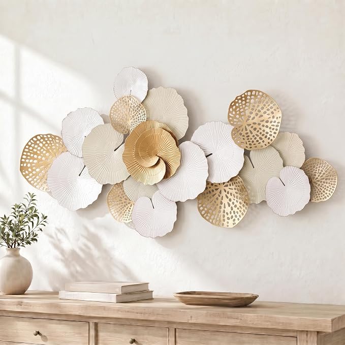Axioglo 67" Large Wall Decor 3D Lotus Leaf Metal Wall Art for Living Room | 67" x31" metal wall decor with layered metal texture, mounting hardware, two-way display