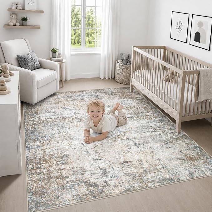 Area Rug Living Room: 5x5 Modern Washable Indoor Soft Carpet Brown | For Bedroom Dining Room Farmhouse Nursery Hallway Office,Modern Abstract,Machine washable,Non-Slip,Stain Resistant,Indoor