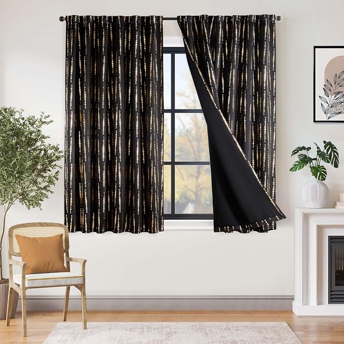 jinchan Boho Blackout Curtains 63 Inch Length Moon Phase Printed Drapes | Gold on Black Farmhouse Curtain for Bedroom Living Room Back Tab Rod Pocket Drapes Room Darkening Window Treatment 2 Panels