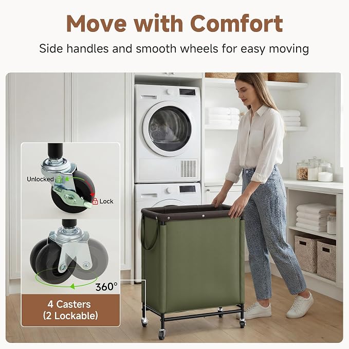 StorageWorks 2 Section Laundry Hamper, 100L Green Sorter Cart with Wheels | 2 Section Laundry Hamper with Wheels, Green Sorter Cart, Rolling Organizer for Bedroom, Bathroom, Apartment