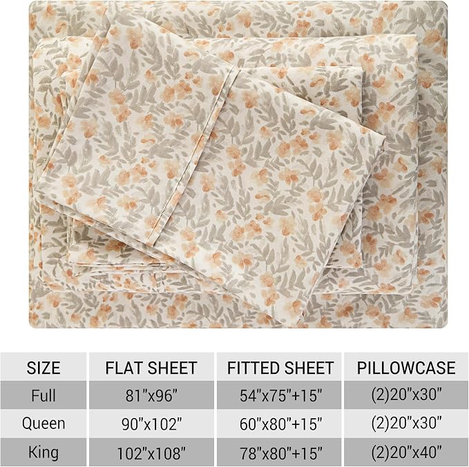 Viviland Floral Full Sheet Set - 4 Piece Vintage Light Orange Flower Patterned Bed Sheets - Soft, Breathable Microfiber Sheets with Deep Pocket, Non-Slip Fitted Sheets & Pillowcases