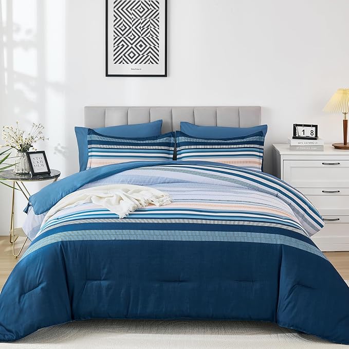 Dobuyly Blue Queen Comforter Set 7 Pieces, Boho Striped Bed in a Bag Queen Size Soft Microfiber All Season Bedding Set with Comforter, Sheets, Pillowcases & Shams