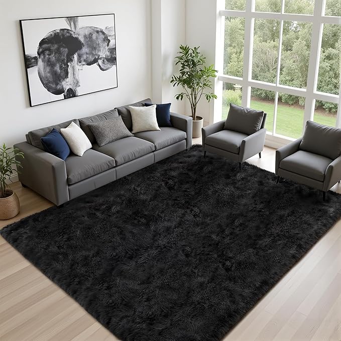 9x12 Area Rug Living Room Bedroom: Fluffy Plush Shag Carpet Black | For Kids Room Playroom Nursery Home Decor,Ultra Soft,Non-Slip Non-Shedding,Fuzzy Plush,Large Indoor Floor Carpet,Easy Clean