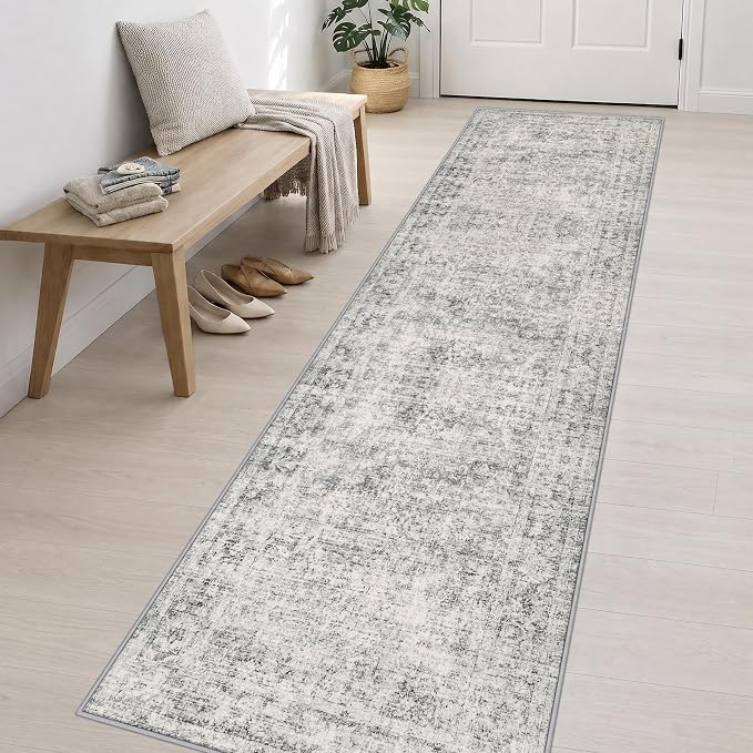 2.6x14 Washable Runner Rug:Modern Abstract Soft Carpet Black Grey | For Hallway, Bedroom, Kitchen, Laundry, Bathroom,Door Mat,Modern Abstract,Machine washable,Non-Slip,Stain Resistant,Indoor