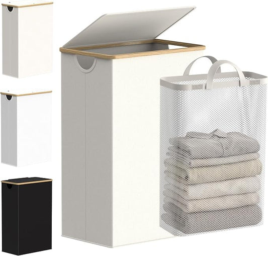 efluky Slim Laundry Basket with Lid, Narrow Laundry Hamper with Removable Bag, Skinny Dirty Clothes Basket with Bamboo Handles for Bathroom, Bedroom & Laundry Room, 90L Beige