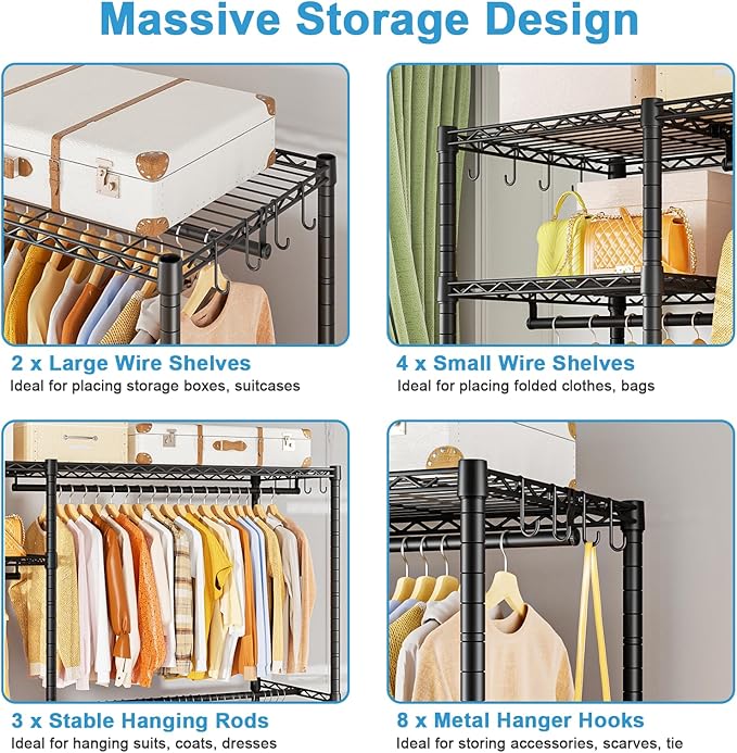 Ulif F7 Clothes Rack Heavy Duty, Clothing Racks for Hanging Clothes, Black | Garment Rack with Shelves, 6-Tiers Freestanding Portable Closet Storage Racks 58'' W × 14.6'' D × 76.6'' H, Max Load 800 Lbs