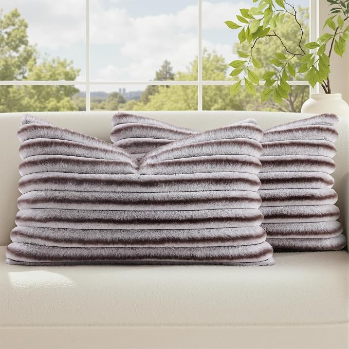 decorUhome Fall Faux Fur Throw Pillow Covers 12x20 Set of 2 Brown White | Decorative Soft Cozy Striped Plush Modern Farmhouse Boho Couch Pillow Cases Velvet Back for Sofa Bed Living Room Home Decor