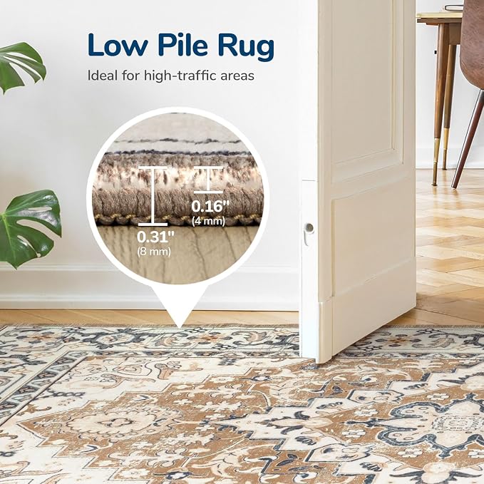 Large Area Rugs 10x14 for Living Room,Washable Rug Boho Brown Beige | Faux Wool Low Pile Area Rug for Bedroom, Floral Medallion Vintage Carpet Non-Slip, Kid & Pet Friendly, All Vacuums Compatible