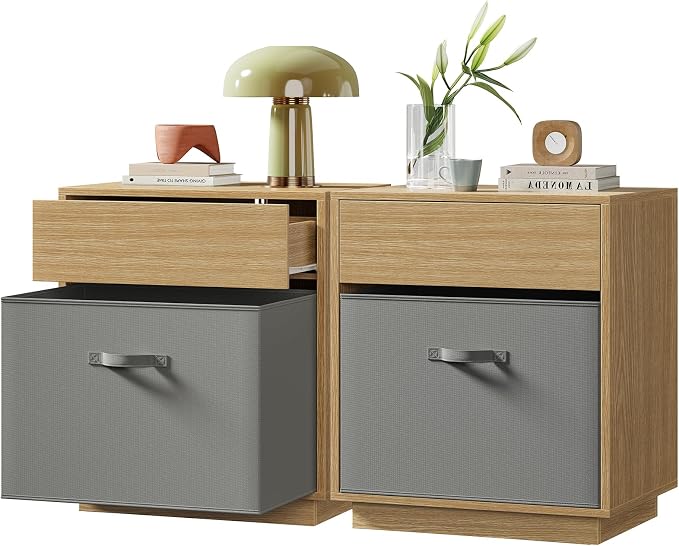 TEENFON Nightstands Set of 2, Night Stand with Drawer, Nightstand with Metal Slide, Nightstands Bedside Table with Removable Fabric Drawer, Night Stands for Small Space, Bedroom, Natural