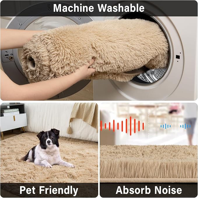 Soft Modern Indoor Large Shaggy Rug for Livingroom Bedroom Dorm Kids Room Home Decor, Non-Slip Plush Fluffy Furry Fur Area Rugs Comfy Nursery Accent Floor Carpet 9x12 Feet, Light Tan
