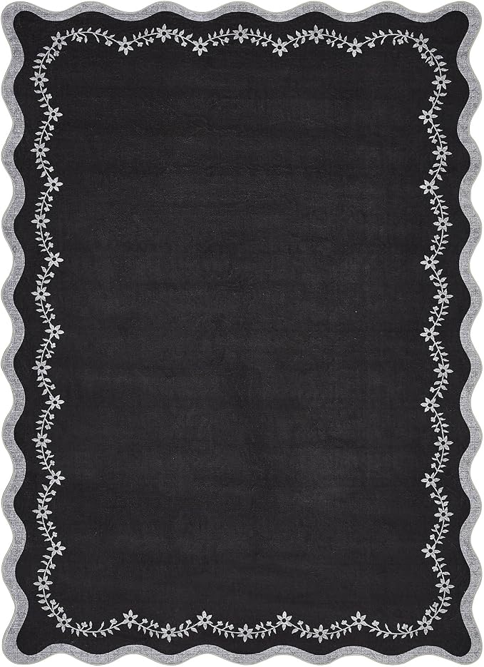 GarveeHome 5x7 Scalloped Area Rug Black Washable Bedroom Living Room Rug | Soft Low Pile Non Slip Accent Floor Mat Solid Print Throw Rug Indoor Carpet for Dining Room Dorm Playroom