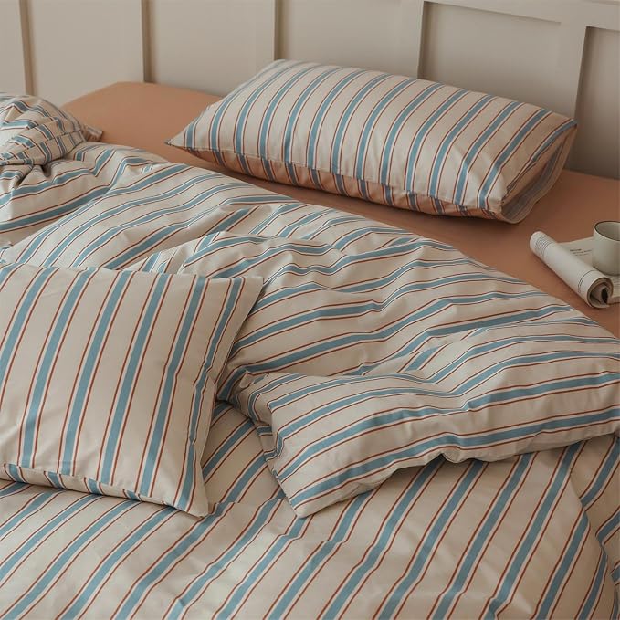 LifeTB Full Comforter Set Blue Brown Striped Comforter Set, 3 Pieces Retro Stripes Pattern Printed Comforter with 2 Pillowcases, Lightweight Fluffy Soft Breathable Striped Bedding Set for All Seasons
