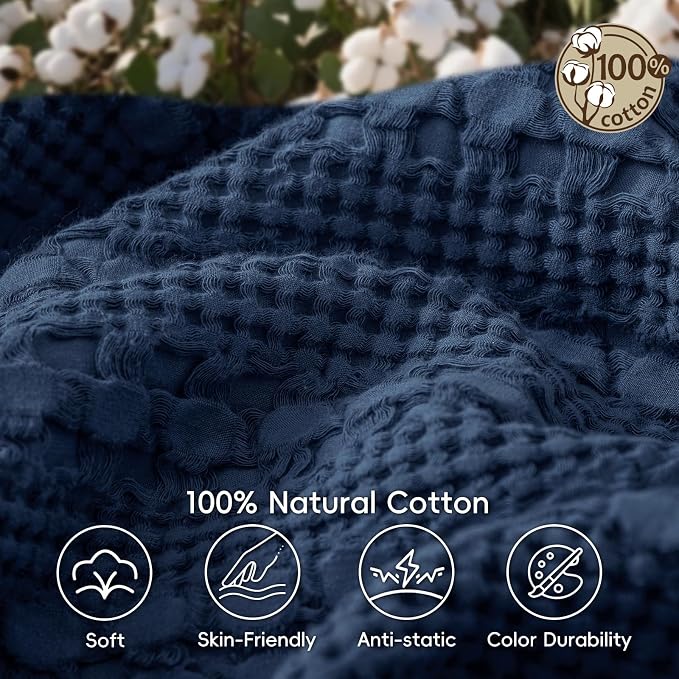 PHF Lightweight 100% Cotton Waffle Blanket for Bed, Queen, Blue Sapphire | Pre-Washed Soft Cotton Comfort, Breathable Layering Warmth for Fall & Winter, Bed, Sofa, Couch, Home Decor & Gifts