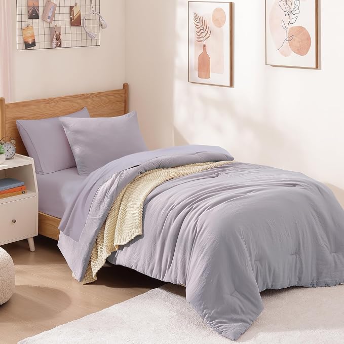 Twin XL Comforter Set- 5 Pieces Prewashed Bed in a Bag Twin Bedding Sets | Soft All Season Comforter with Sheets, Pillow Sham & Pillowcase, Lilac