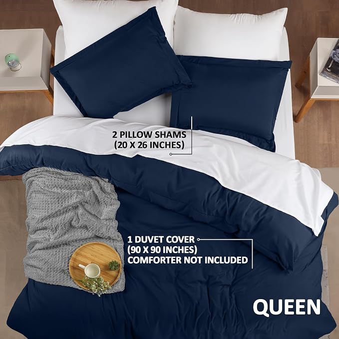 Duvet Cover Queen, 3 Piece Cotton Like Polyester With Zipper Closure, Navy | Extra Soft and Breathable, Wrinkle & Fade Resistant, Includes Duvet Cover and 2 Pillow Shams, Comforter Not Included, OekoTex
