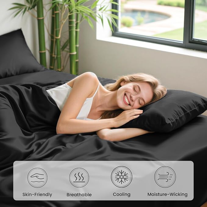 Love's cabin 4 Piece Queen Sheet Set, 100% Rayon Derived from Bamboo, Cooling & Breathable, Soft Silky Deep Pocket up to 16", Hotel Luxury Bedding for Hot Sleepers, Black