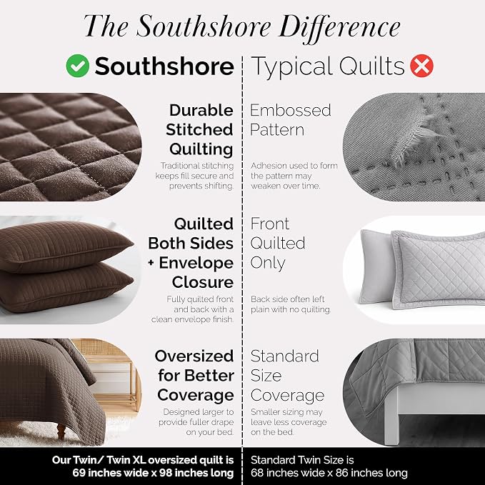 Southshore Fine Living, Inc. Twin XL Bedspread Quilt Set, Dorm Room Bedding Essentials, Machine Washable Bed Spread for Guest Room, XL Twin Brown Bedspread Set w/Pillow Sham, Chocolate Brown Quilt