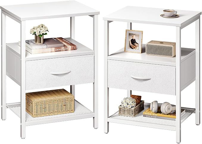 Huuger Nightstand Set of 2, Night Stand with Fabric Drawer, Mesh Shelf | Side Table with Storage, Fabric Drawer Dresser, Open Shelf, Metal Frame, Bedroom, White