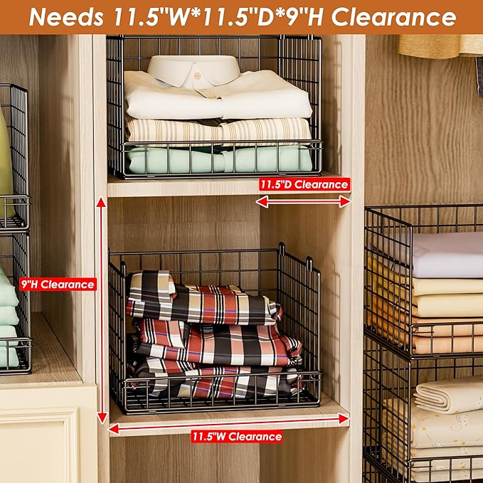 Stackable Closet Organizers and Storage Baskets, 4-Tier Closet Shelf Organizer , Space-Saving Clothes Storage Drawer, Foldable Clothes Storage Bins for Closet Organizer System, Black(Patent 30022416)