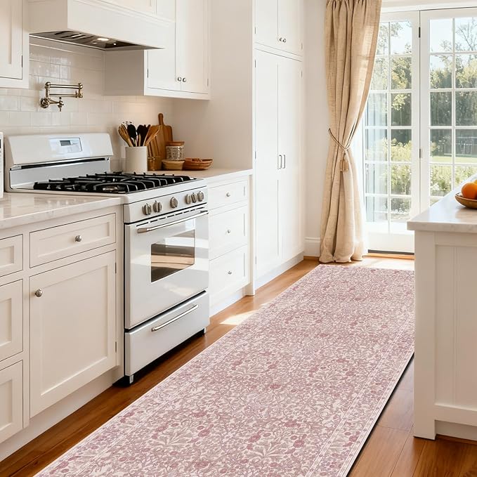 Washable 2'6" x 10' Runners for Hallways, Non Slip Long Floor Runner for Kitchen, Entryway Indoor, Stain Resistant Rubber Backing Floral Decor Rug (Pink)