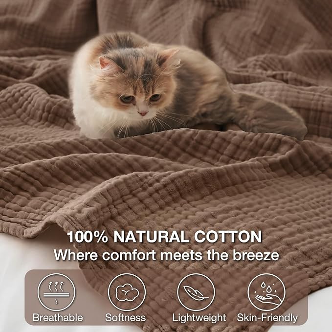 100% Cotton Muslin Blanket Queen 90" x 90", Breathable and Lightweight Cotton Throw Blankets for Bed, Soft Cooling Summer Gauze Blanket for Adults All Season, Tan