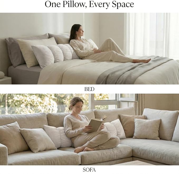 Pat. Pend. Long Bed Pillow for Side Sleepers, 47 Inch, Misty White | Segmented full body pillow for adults with a removable, washable soft velvet cover; long bed pillow for comfortable sleeping.