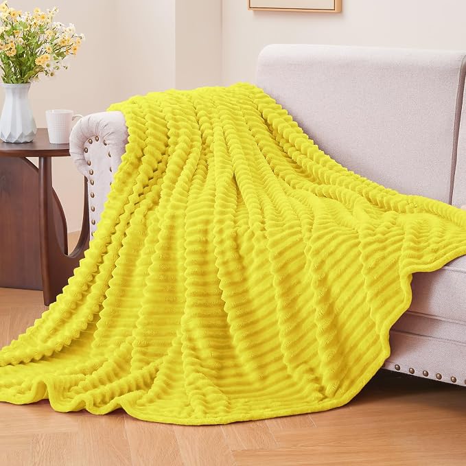 BEDELITE 3D Ribbed Jacquard Yellow Fleece Twin Blanket for Bed, 60x80 Inch | Soft Warm Decorative Fluffy Blanket, Cozy Plush Lightweight Fuzzy Throw Blanket for Couch Sofa Room Decor, Gift for Women