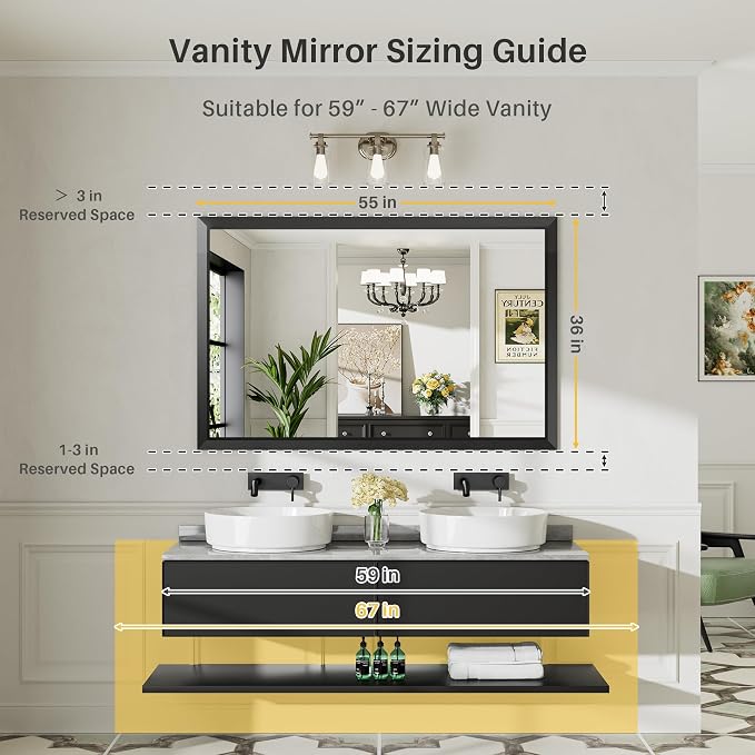 Black Metal Framed Bathroom Wall Mirror, 55x36 Inch | Anti-rust, HD tempered glass, for bathroom vanity, bedroom, living room, horizontal or vertical mount