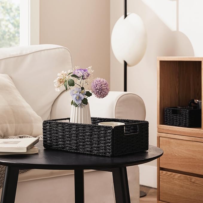 UBBCARE 2 Pack Wicker Basket, 11.5L×7.5H×3.5W inch Woven Paper Rope Storage Baskets for Shelves, Foldable Rectangular Storage Baskets with Handle, Storage Basket for Organizing, Black