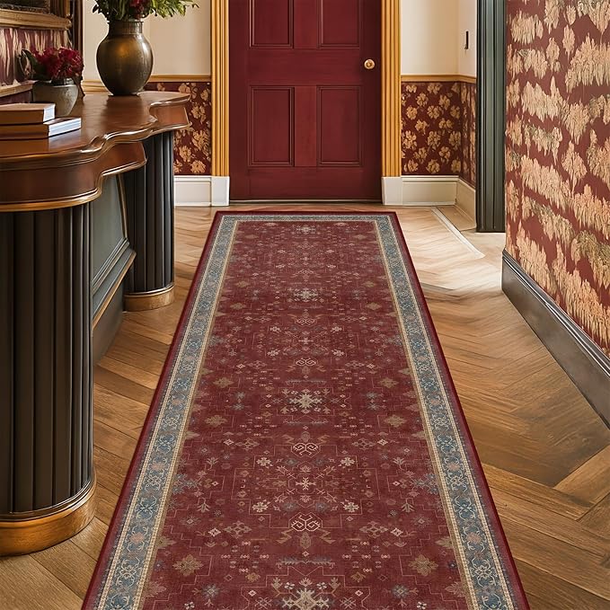 Non Slip 10ft Long Hallway Runner Rug Burgundy - 2 x 10 Runner Rug, Washable & Waterproof 2x10 Kitchen Floor Mat - Oriental Turkish Dark Red Design Décor