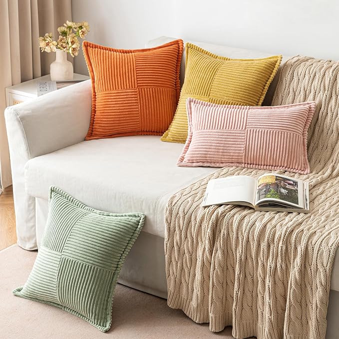 MIULEE Fall Orange Decorative Throw Pillow Covers for Couch Bed Livingroom 16x16 Inch Set of 2 Boho Accent Throw Pllows Broadside Striped Patchwork Soft Corduroy Pillowcases