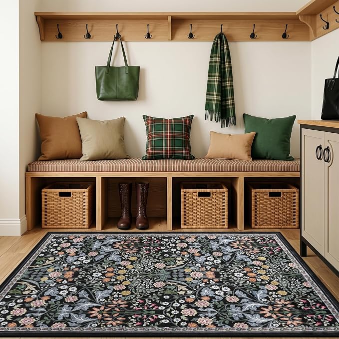 PLHXFR Area Rug Living Room: 3x5 Floral Washable Boho Carpet Dark Black | For Bedroom Dining Room Farmhouse Nursery Hallway,Vintage Floral,Machine washable,Non Slip,Stain Resistant,Large Indoor