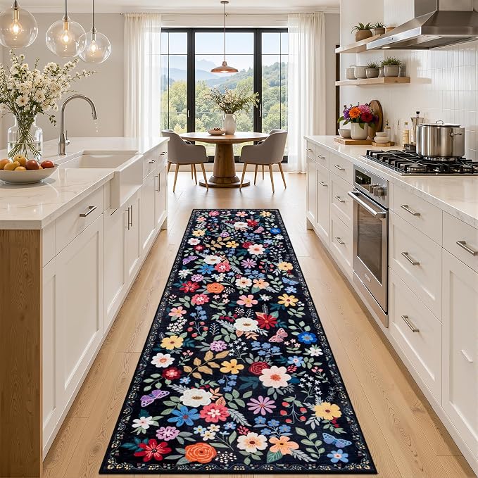 PLHXFR 2.6x10 Washable Runner Rug：Floral Indoor Kitchen Soft Carpet Black | For Hallway Bedroom Kitchen Laundry Bathroom Dorm,Vintage Floral,Machine washable,Non Slip,Stain Resistant,Indoor Floor