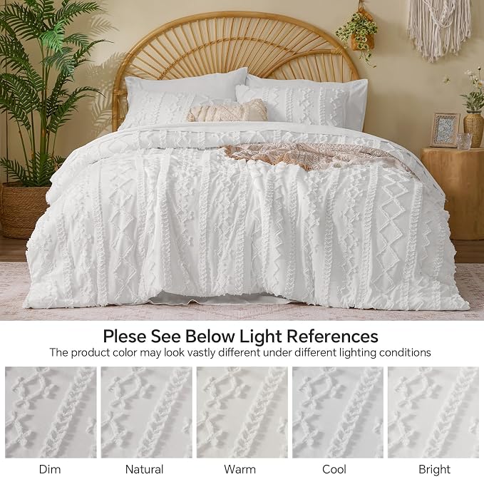 BEDELITE King Comforter Set 7 Pieces,Boho Bed in a Bag,White | Tufted Bed Set for All Seasons,Soft Farmhouse-Style Embroidery Bedding,Includes Flat & Fitted Sheets,2 Pillowcases & 2 Shams