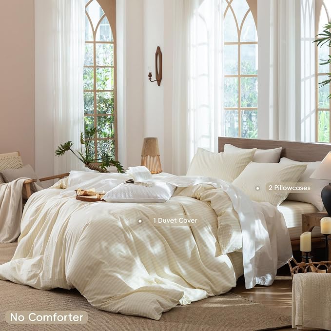 MooMee Striped Duvet Cover Set 100% Washed Cotton Linen Like King | Relaxed Linen-like Texture. Soft, Breathable & Long-lasting Comfort. Lightweight. Hidden Zipper with 8 Interior Corner Ties