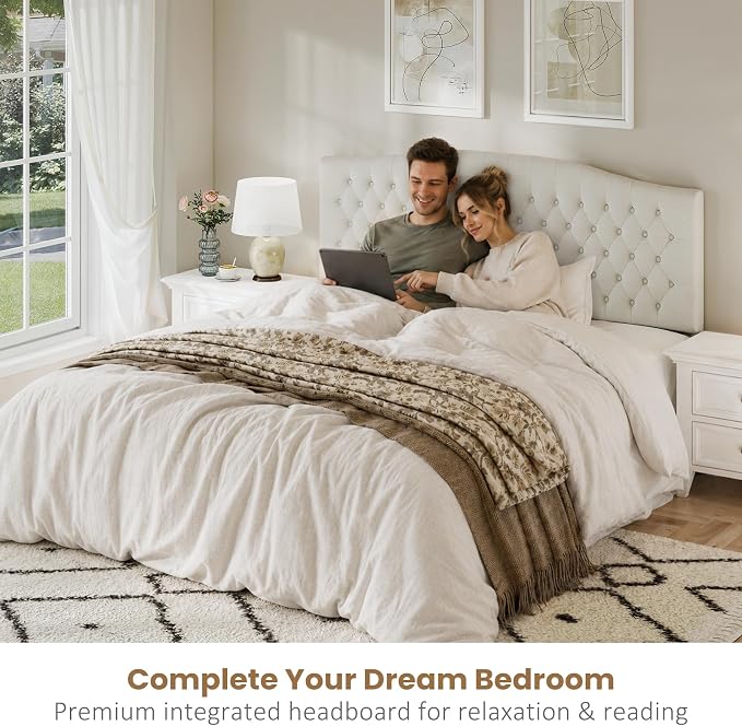 King Headboard Only, Linen Classic Tufted Design, Ivory | 2 installation options: 1.bed frame mount 2.wall mount (for adjustable bed), Classic hand-tufted headboard king size