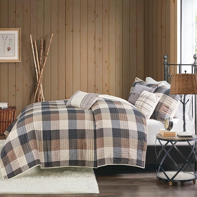 Madison Park Cabin Lifestyle Plaid Quilt Set, 6PC Full/Queen Coverlet | All Season, Luxurious Coverlet Bedspread Lightweight Bedding Layer, Shams, Decorative Pillow, Neutral