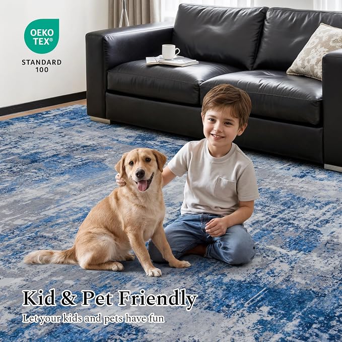 Rugflix 8x10 Area Rugs for Living Room, Washable Blue Grey Large Rug | Machine Washable; Stain-Resistant; Low Pile; Non-Slip; Modern Abstract; Carpet for Bedroom Dining Office Nursery Home