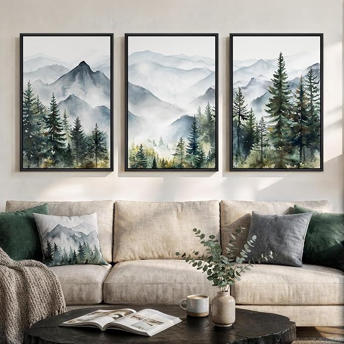 Framed Landscape Wall Art Bedroom, Mountain Forest Canvas Print, 16x24 Inch | 3 piece, Modern, Minimalist, Large, Nature, Green, Foggy scenery, Living room decor, Hallway art, Ready to hang, Wood frame