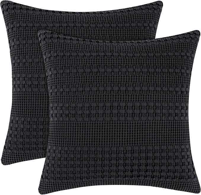 PHF 100% Cotton Waffle Weave Euro Sham Covers, 2 Pack 26" x 26" Bed Pillow Covers for Elegant Home Decor, No Filling, Luxury Aesthetic Soft Euro Pillow Cases for Bed, Black