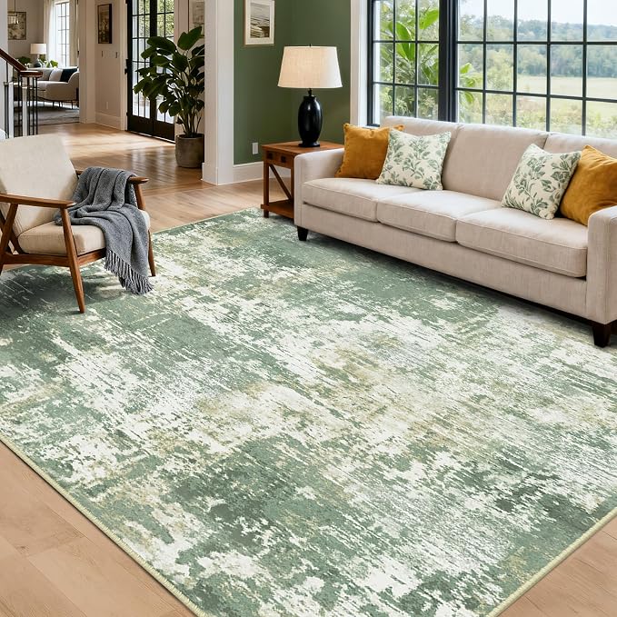 RELEANY Washable 9'x12' Abstract Area Rug for Living Room Light Green | Carpet for Bedroom, Kitchen, Office, Hallway and Entryway, Printed Pattern, Non‑Slip, Soft, Stain‑Resistant, Easy to Clean