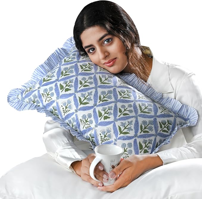 Ridhi Block Print Light Steel Blue Ruffle Lumbar Pillow Shams, 20" x 12" | 100% cotton, Floral Pillowcase, Cushion Cover, Hidden Zipper, Cottagecore Bedding, farmhouse boho style, fits couch, sofa,Bed