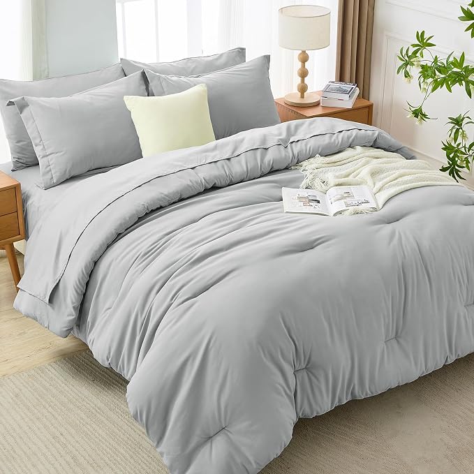 7 Pieces Queen Comforter Set, Soft Bed in a Bag Queen Size, All Season Bedding Set with Comforter, Flat Sheet, Fitted Sheet, Pillowcases & Shams, Light Grey