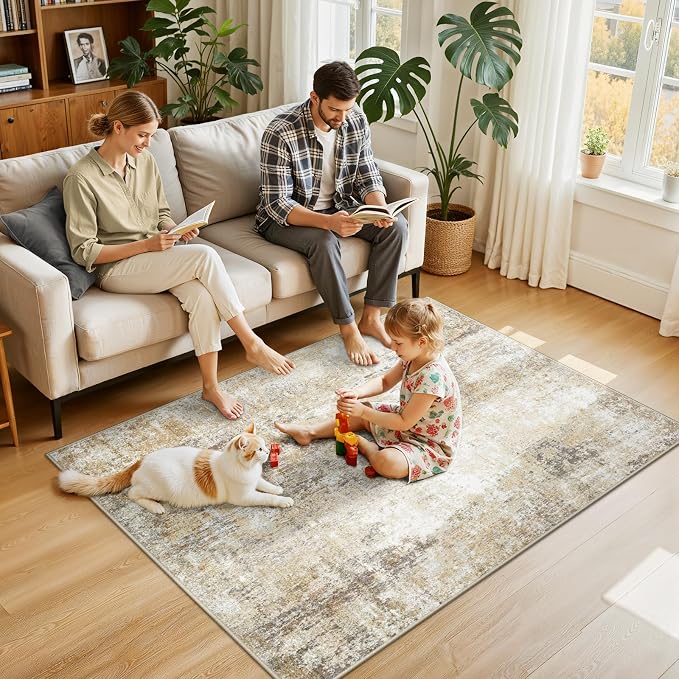 RELEANY Washable 4'x6' Abstract Area Rug for Living Room Neutral Brown | Carpet for Bedroom, Kitchen, Office, Hallway and Entryway, Printed Pattern, Non‑Slip, Soft, Stain‑Resistant, Easy to Clean