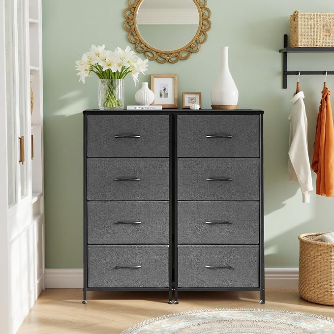 4 Drawers Dresser for Bedroom Fabric Storage Tower with Wooden Top | Steel Frame Tall Chest of Drawers for Closet, Entryway, Dorm, Gray