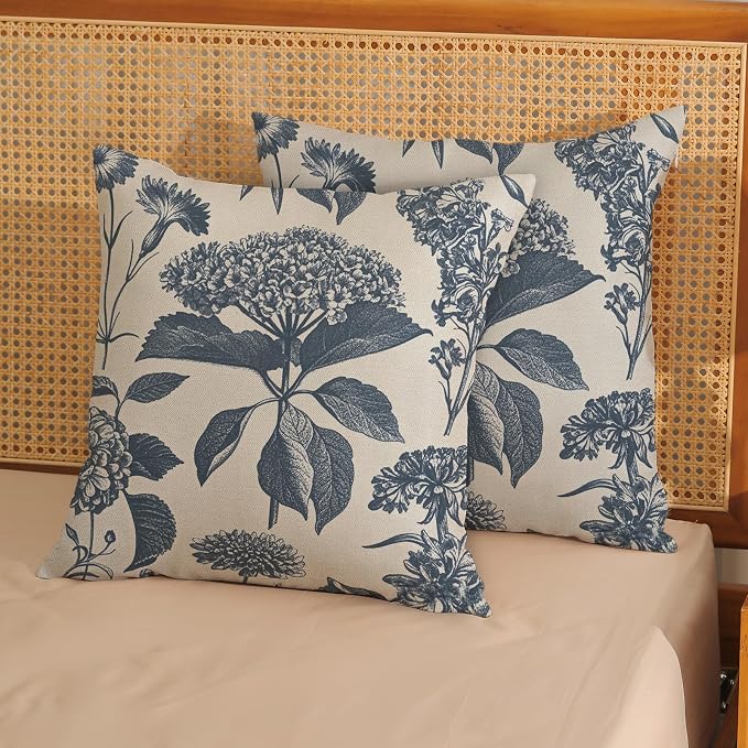 Navy Blue Pillow Covers 22x22 Inch 2 Pcs Boho Vintage Floral Decor Throw Pillows Hydrangea Flower Seasonal Outdoor Farmhouse Neutral Accent Decoration Pillowcase Linen Cushion Cover for Couch